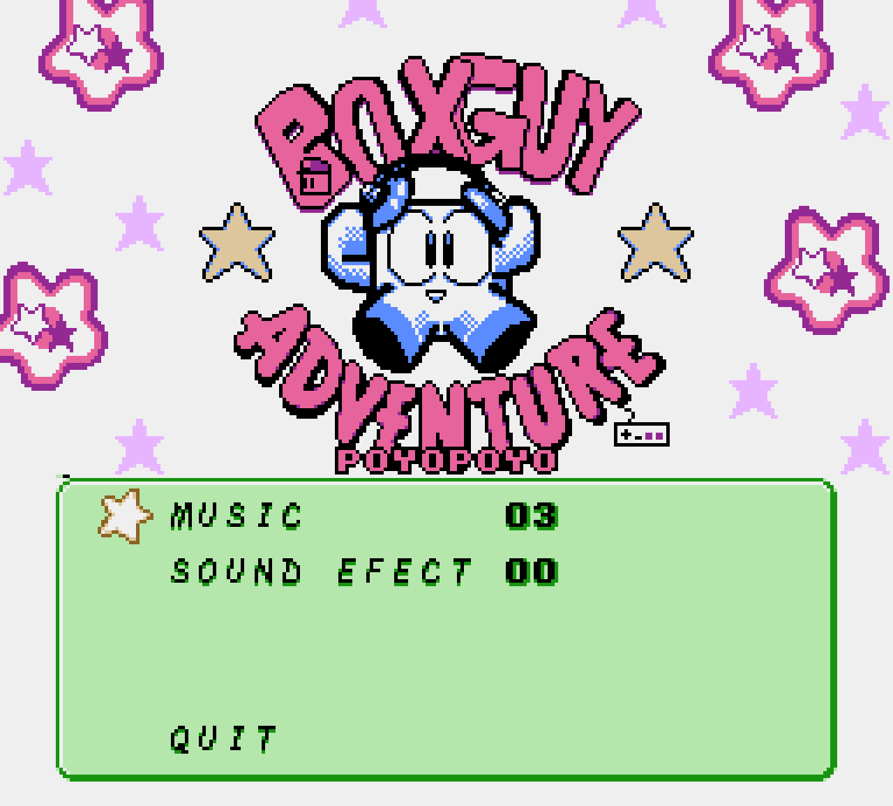 Boxguy's sound test screen from his Kirby Adventure hack